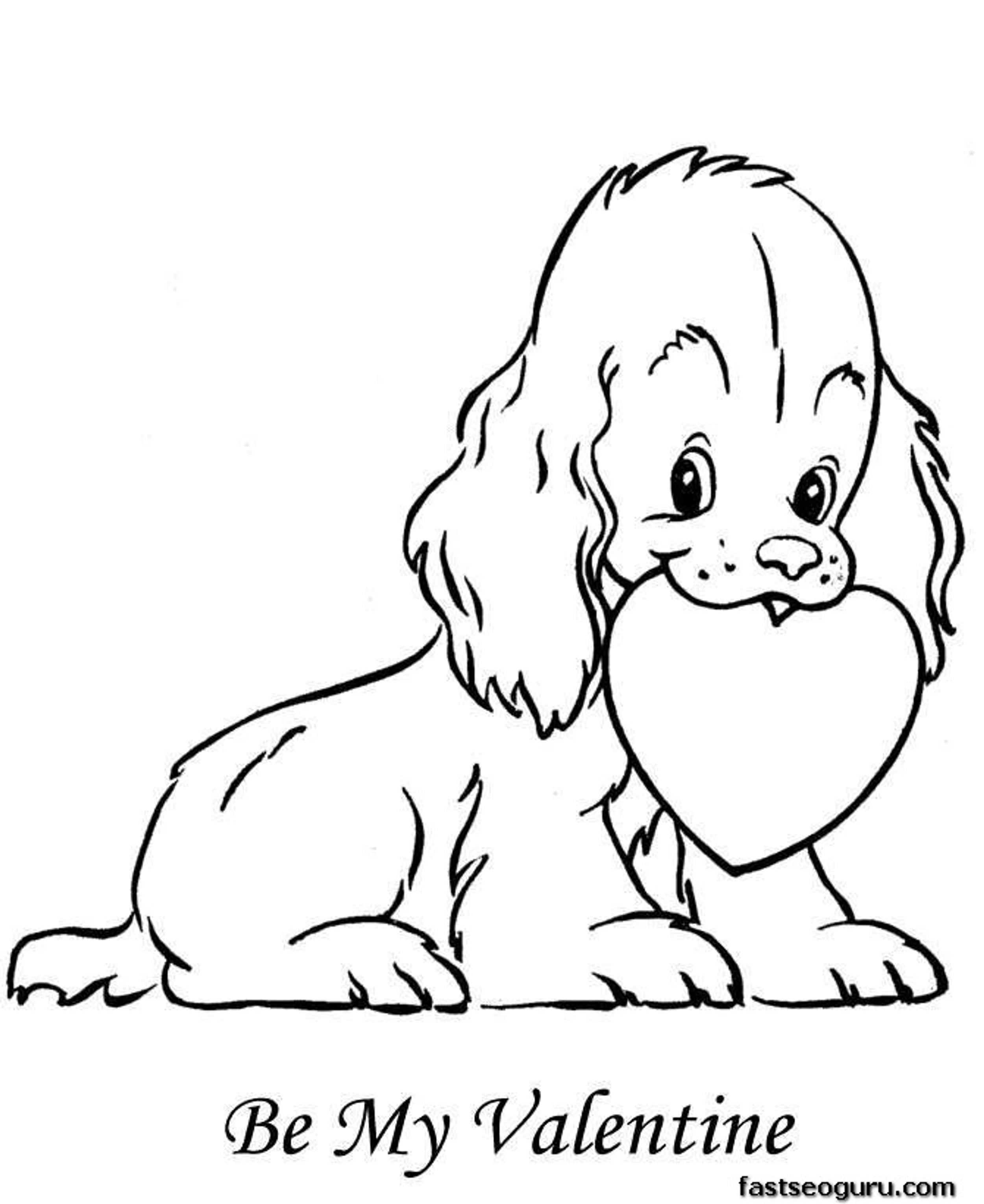 Printable Happy Valentine Dog With Heart Coloring Pages