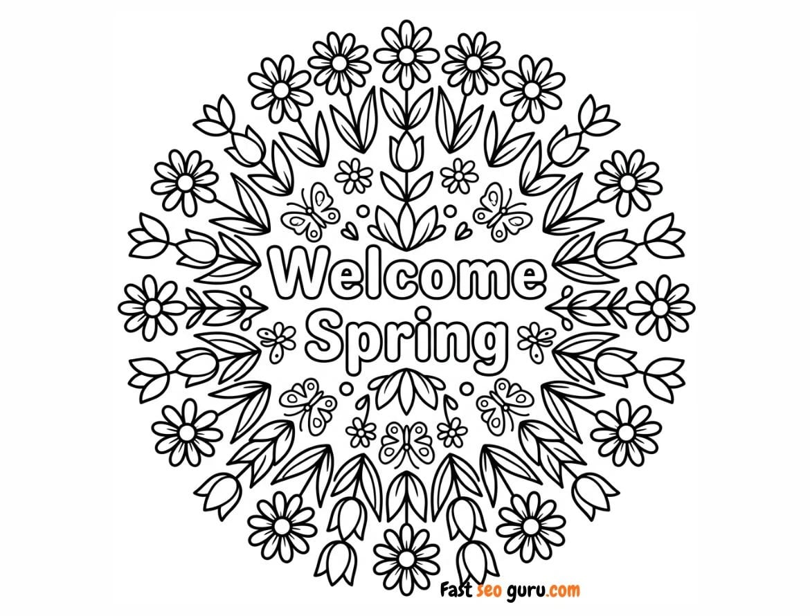 Welcome Spring Floral Coloring Page