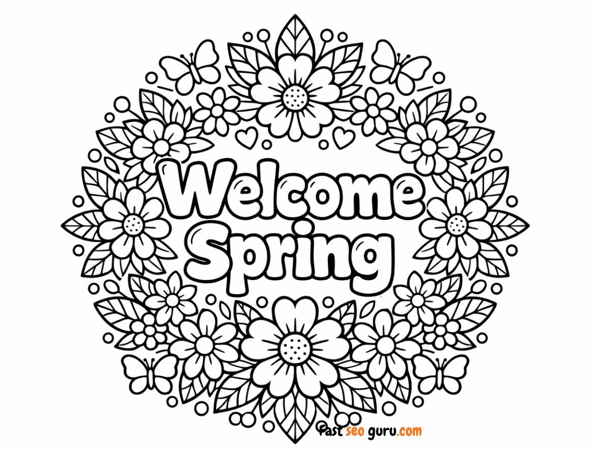 Welcome Spring Floral Wreath Coloring Page