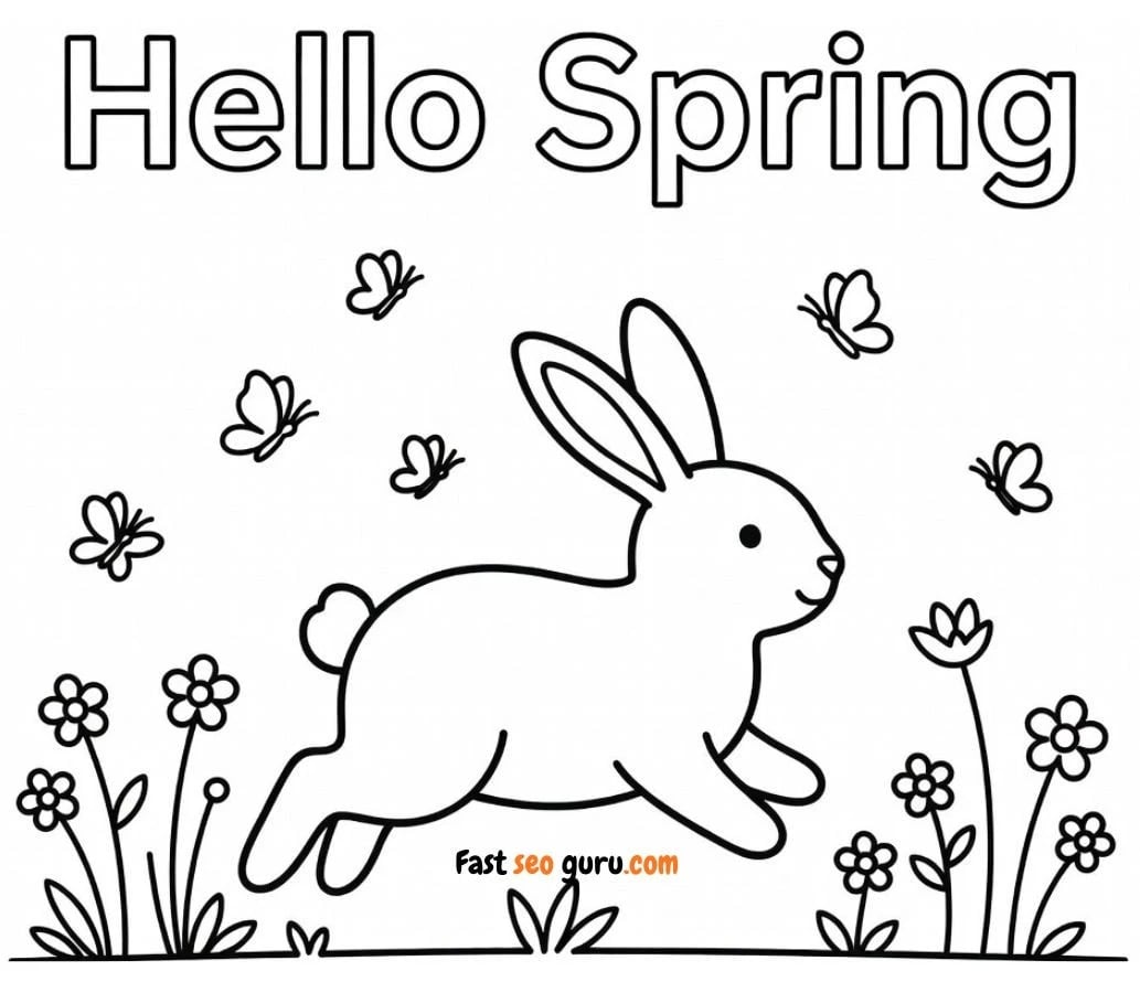 Hello Spring Bunny Coloring Page Rabbit In Flower Meadow