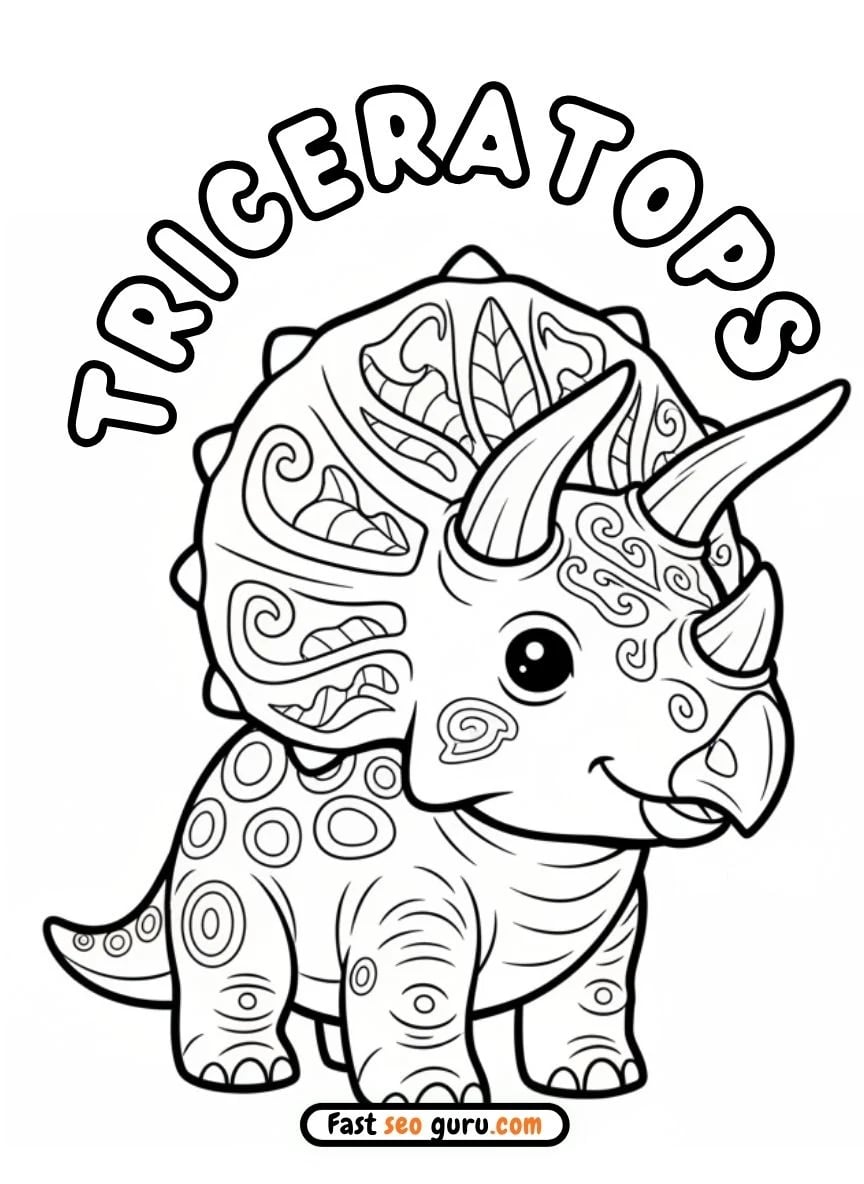 Cute Patterned Triceratops Easy Coloring Page