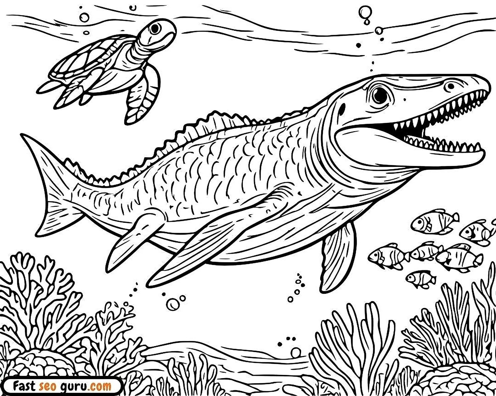 Realistic Mosasaurus Underwater Turtle Coloring Page Free Printable Kids