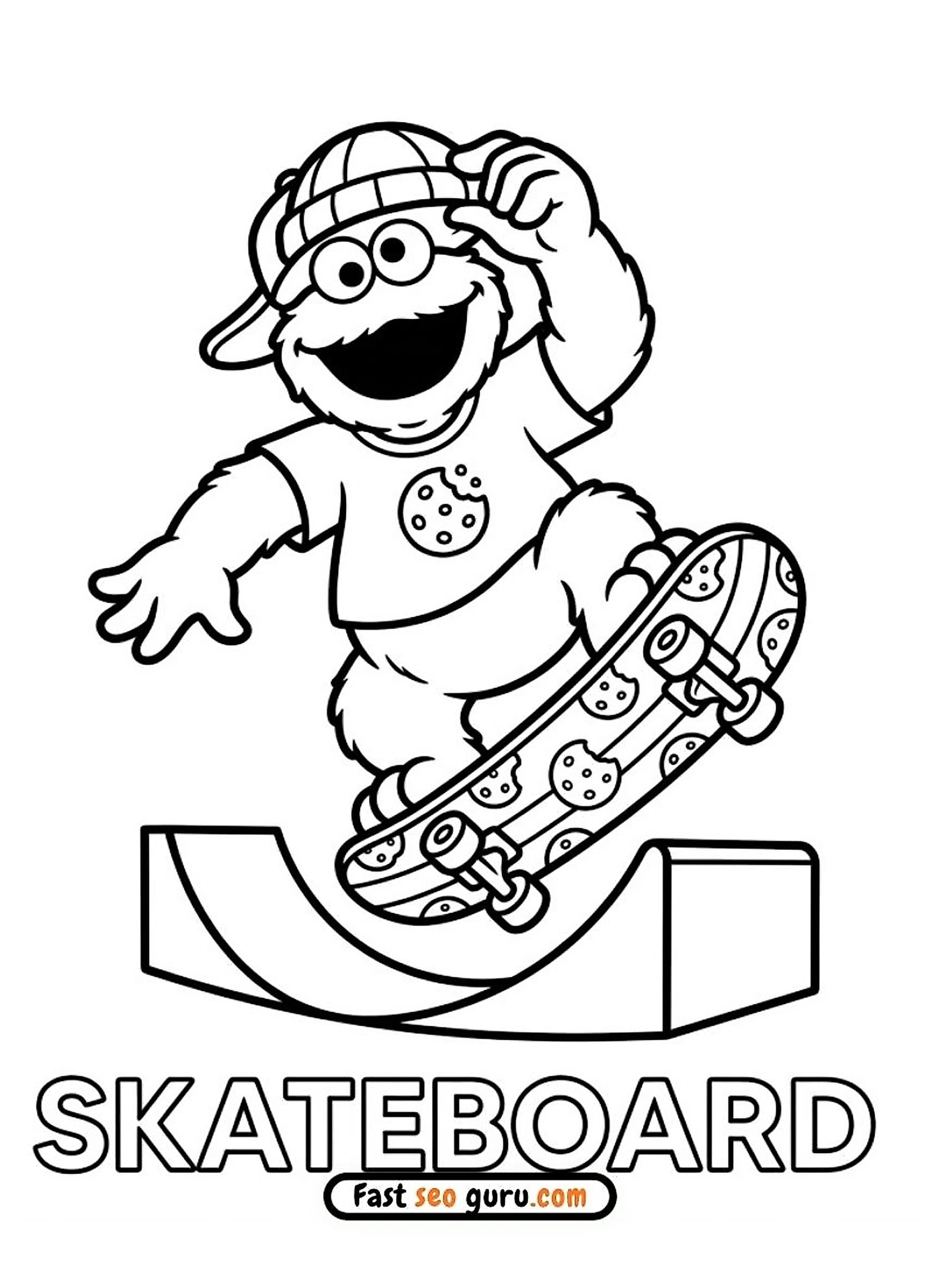 Cookie Monster Skateboard Coloring Page – Free Pictures to Color for Kids
