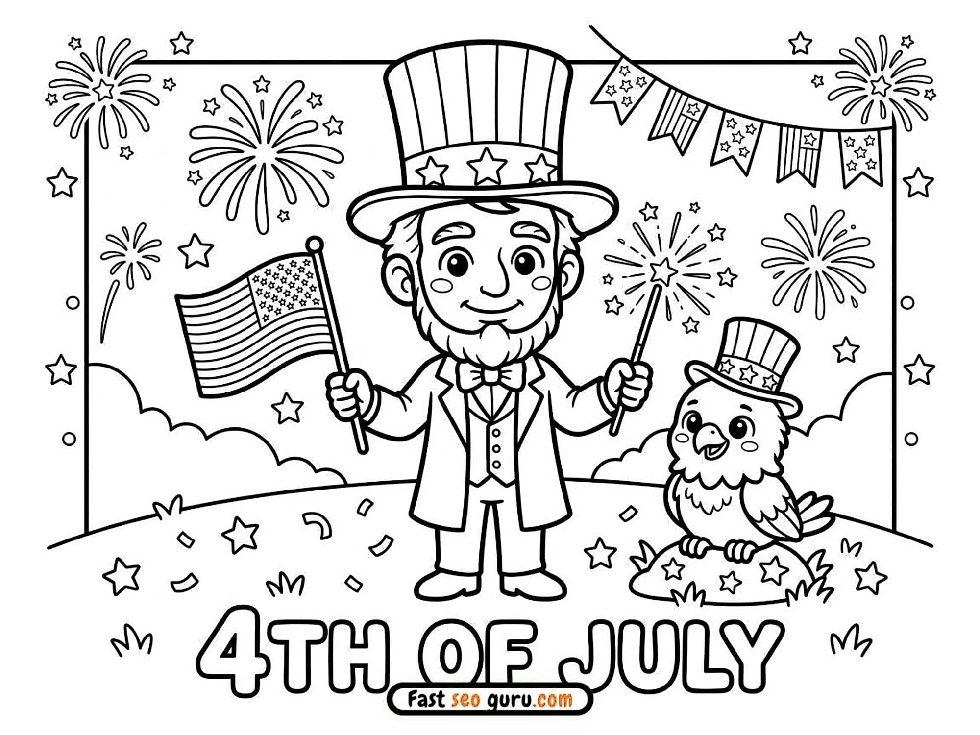 4th of July Abraham Lincoln and Bald Eagle Coloring Page – Free Printable for Kids
