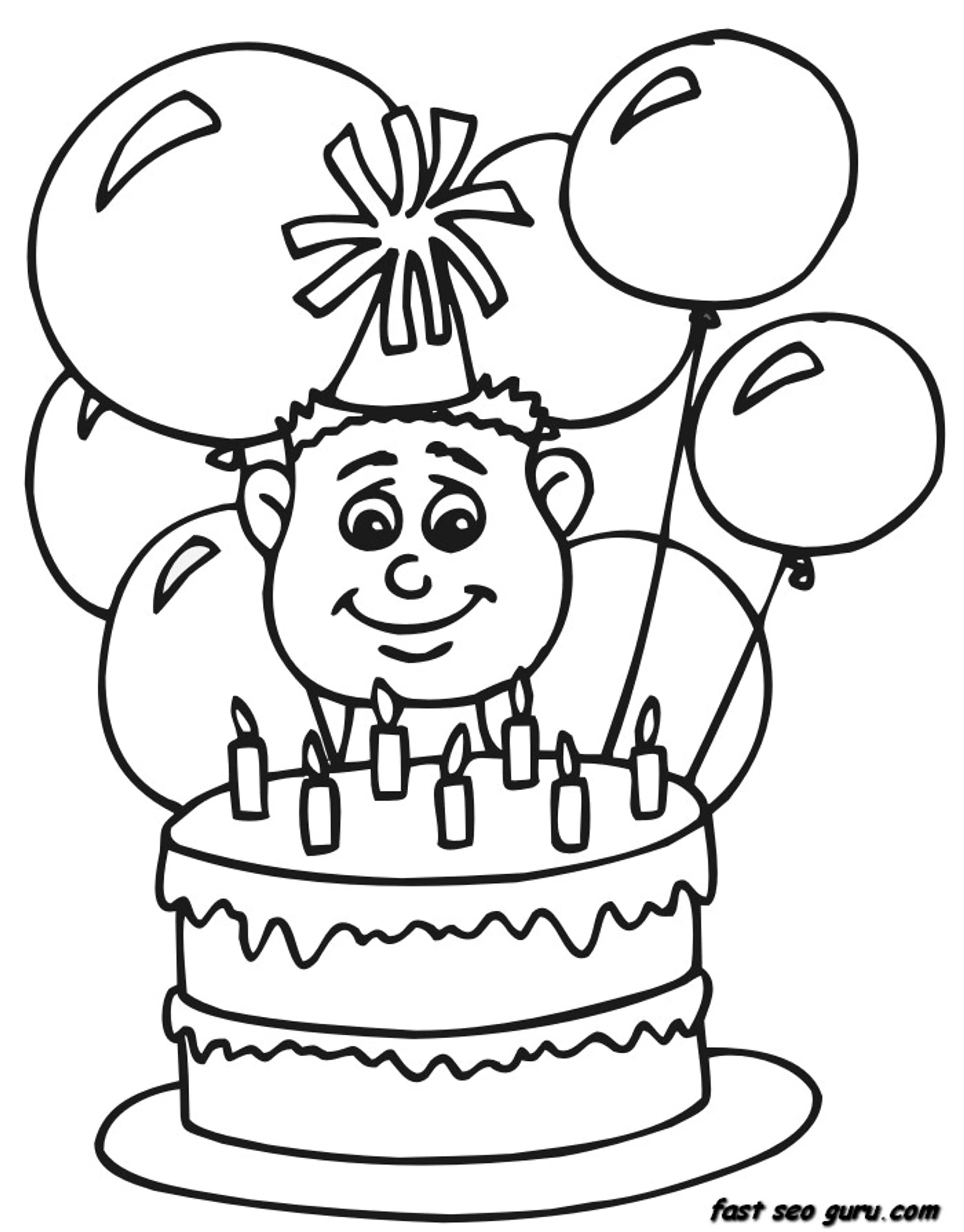 7 years boy with birthday cake and balloon coloring pages