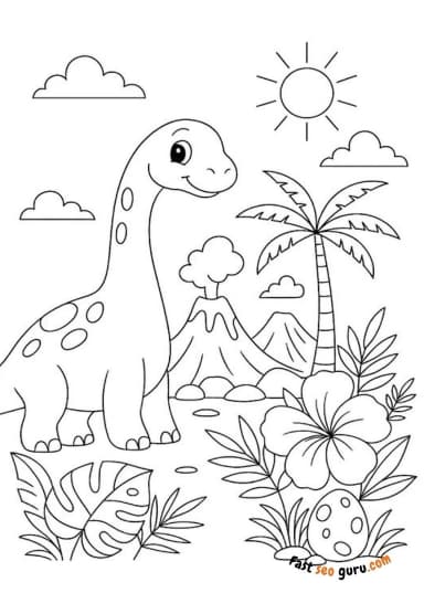 Brachiosaurus Volcano Coloring Sheet – Free Pictures to Color for Kids