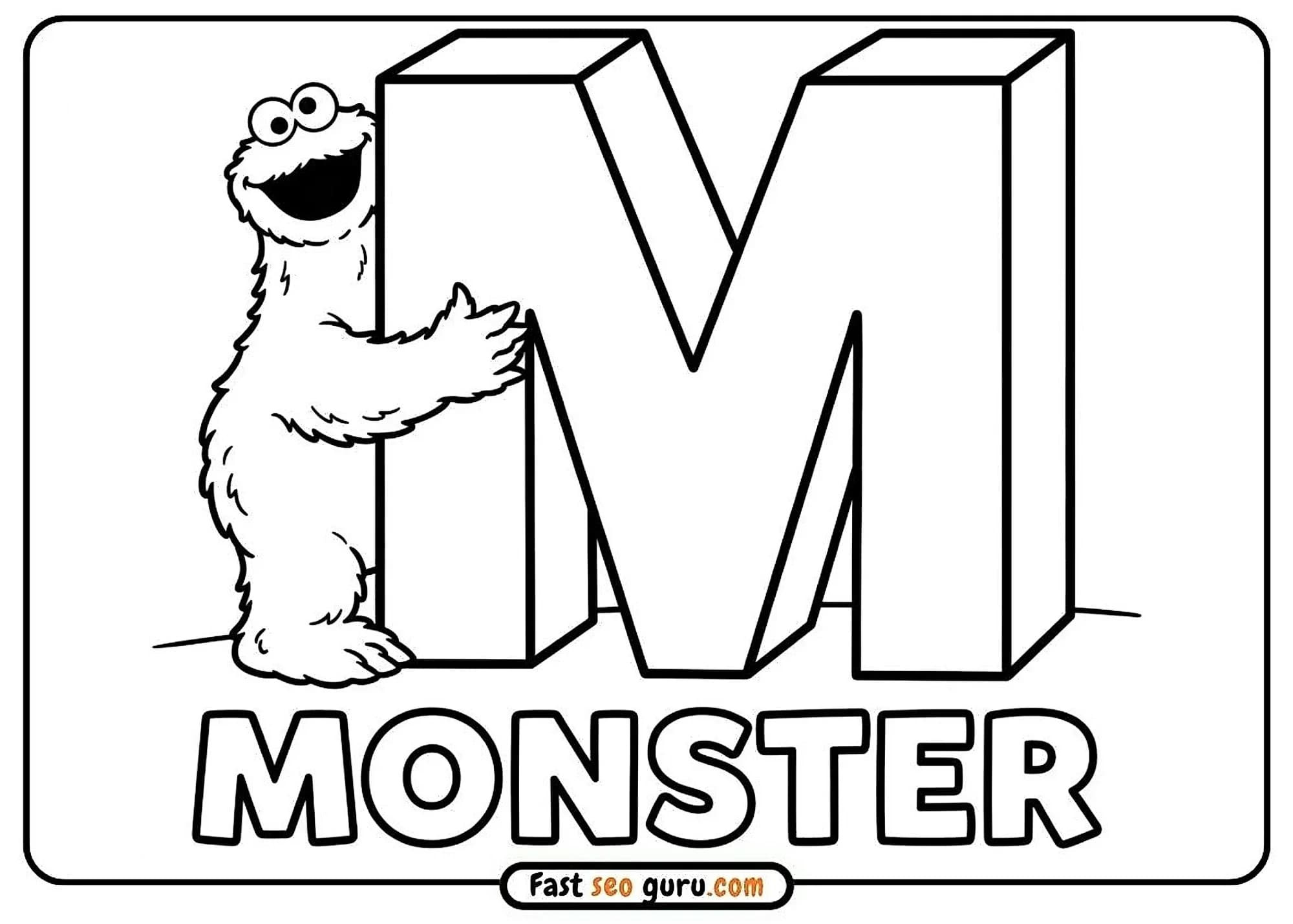 Cookie Monster hugging a big 3D letter M with the word MONSTER below coloring page template for a free PDF download.