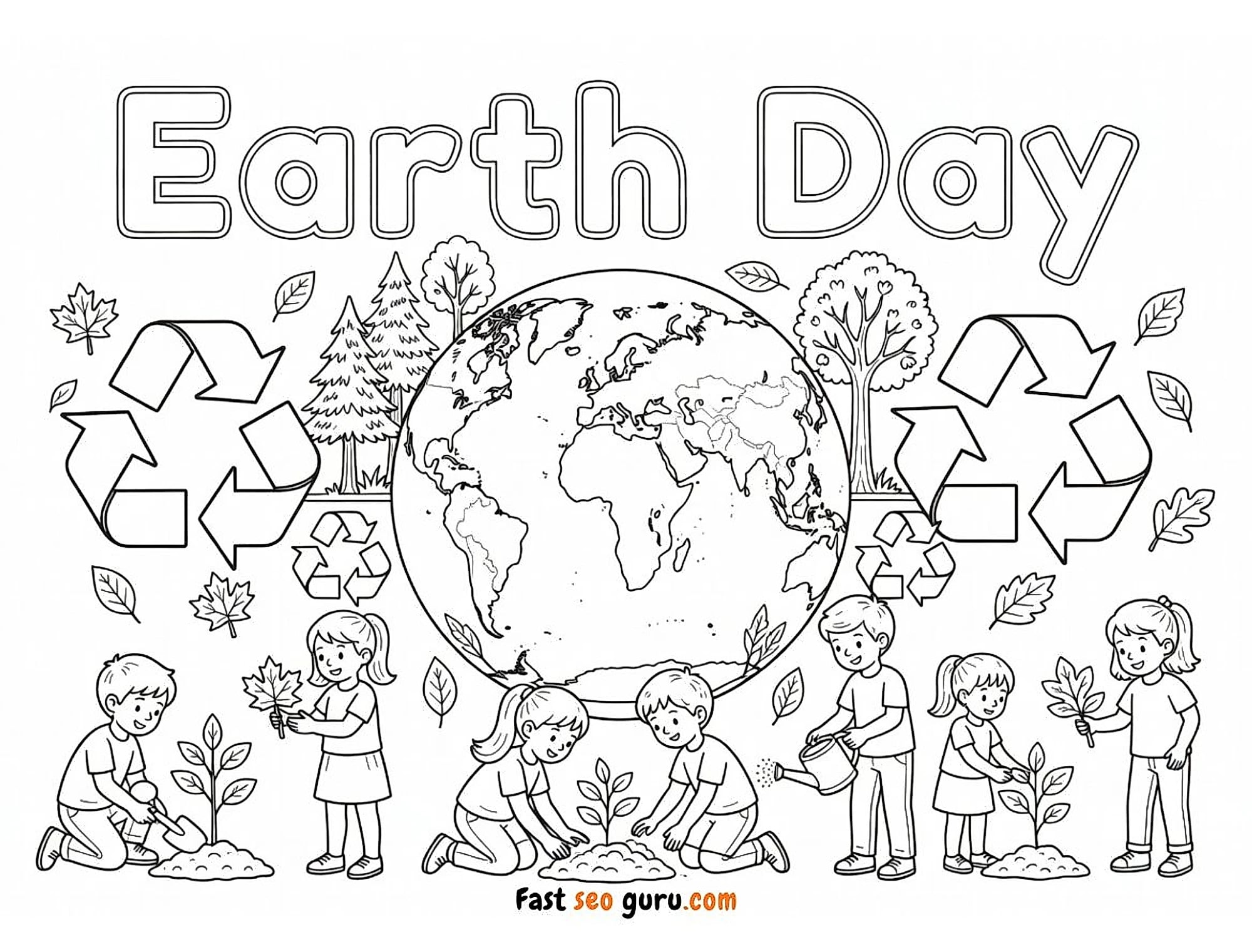 Earth Day Recycling Coloring Page Kids Planting Trees Drawing
