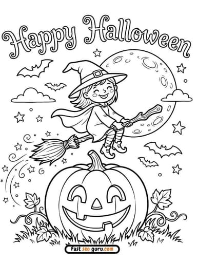 Witch & Pumpkin: Easy Coloring Page & Pictures to Color PDF