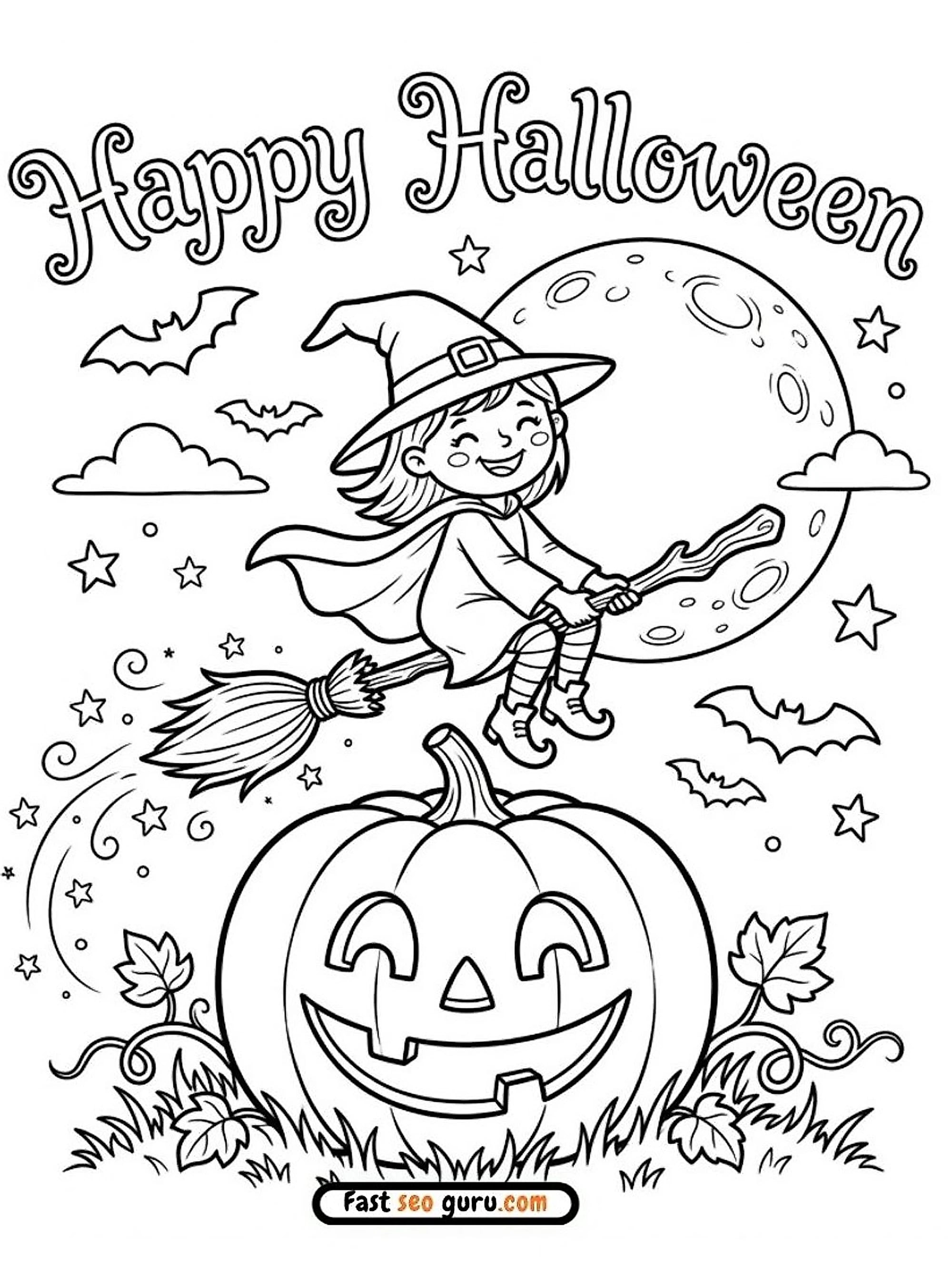 Witch & Pumpkin: Easy Coloring Page & Pictures To Color Pdf
