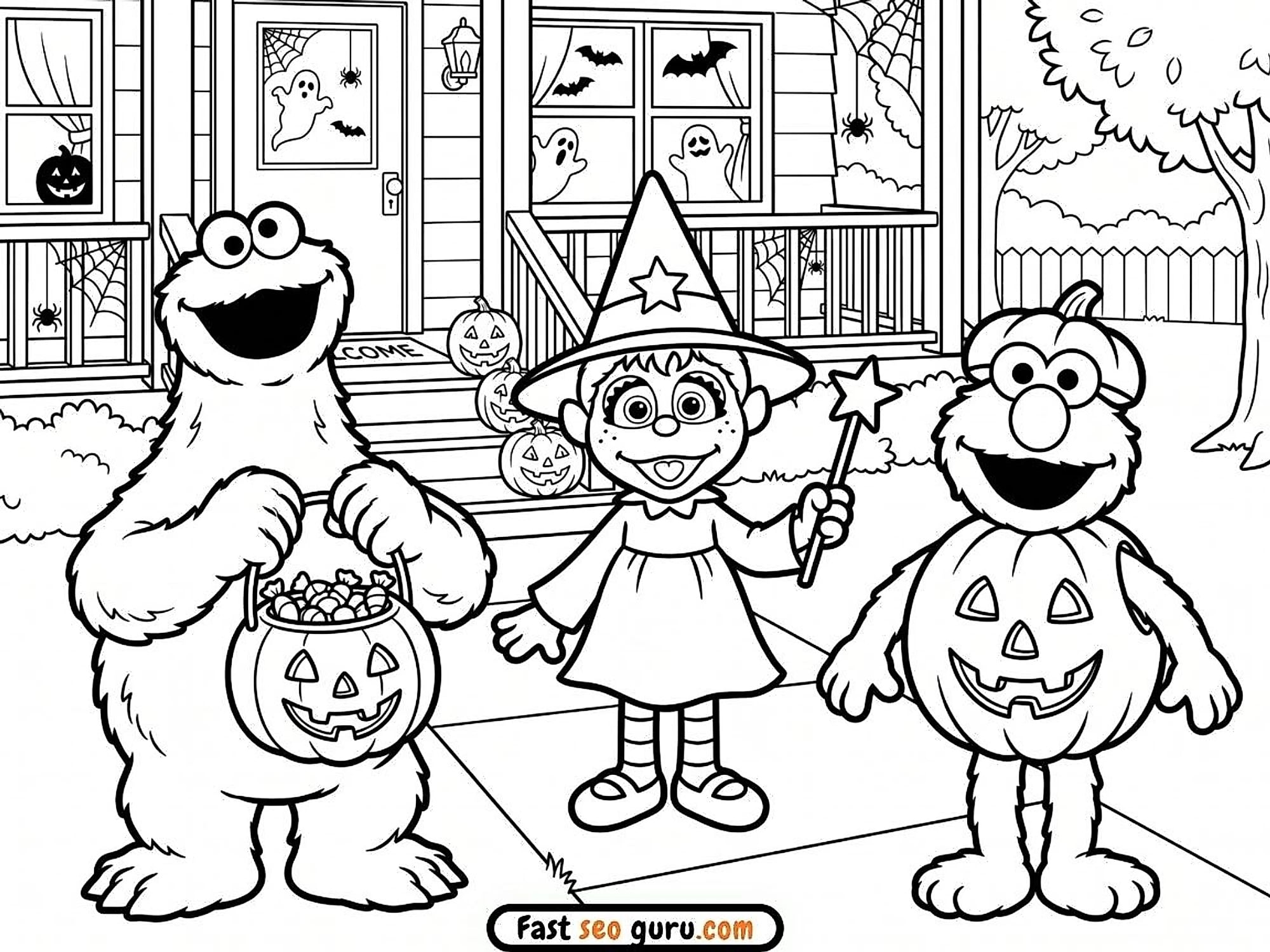 Sesame Street Halloween Cookie Monster Elmo Rosita Coloring Page
