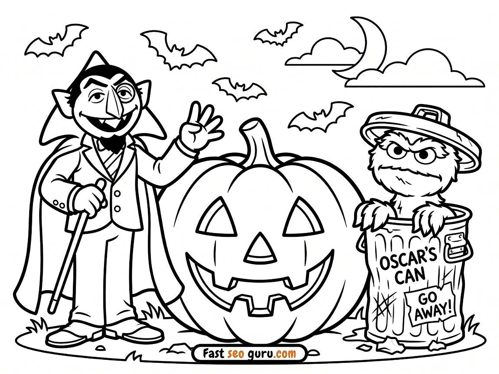 Count von Count and Oscar the Grouch standing next to a giant Jack o lantern pumpkin coloring page template free PDF download