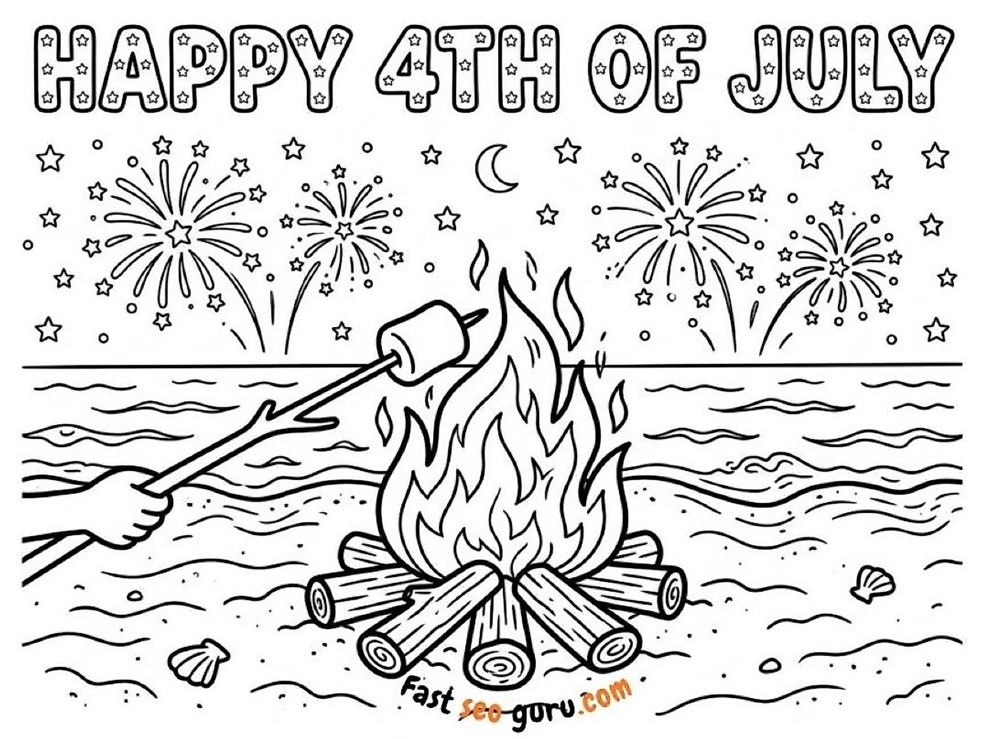 Happy 4th Of July Beach Campfire Coloring Page – Free Printable