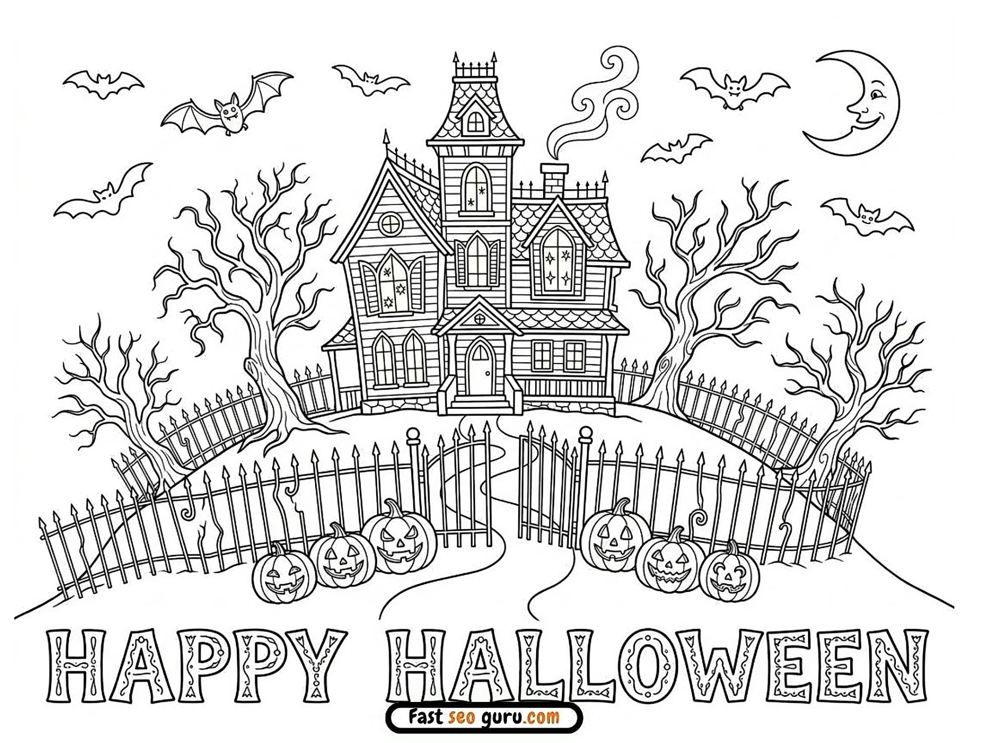 Free Printable Happy Halloween Haunted House Coloring Page