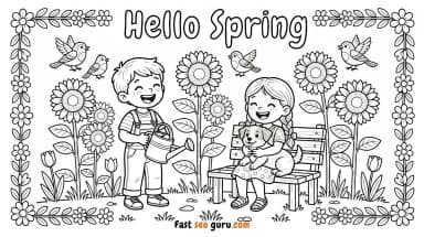 Hello sprin boy girl dog sunflowers birds tulips coloring page