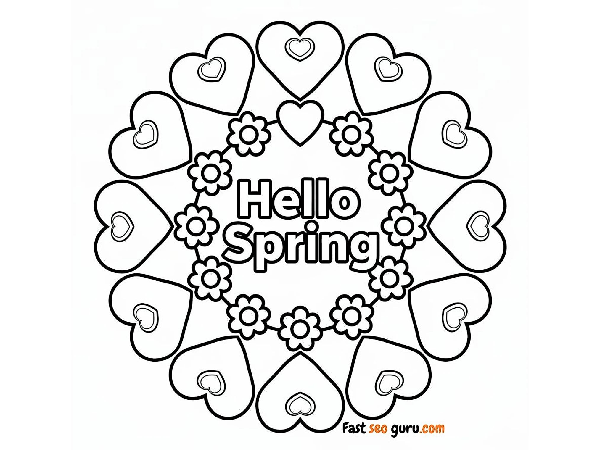 Hello Spring Heart And Flower Coloring Page