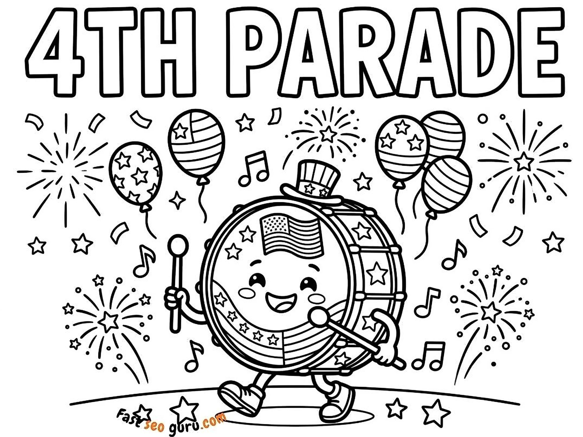 Kawaii 4th Of July Parade Drum Coloring Page – Free Printable For Kids