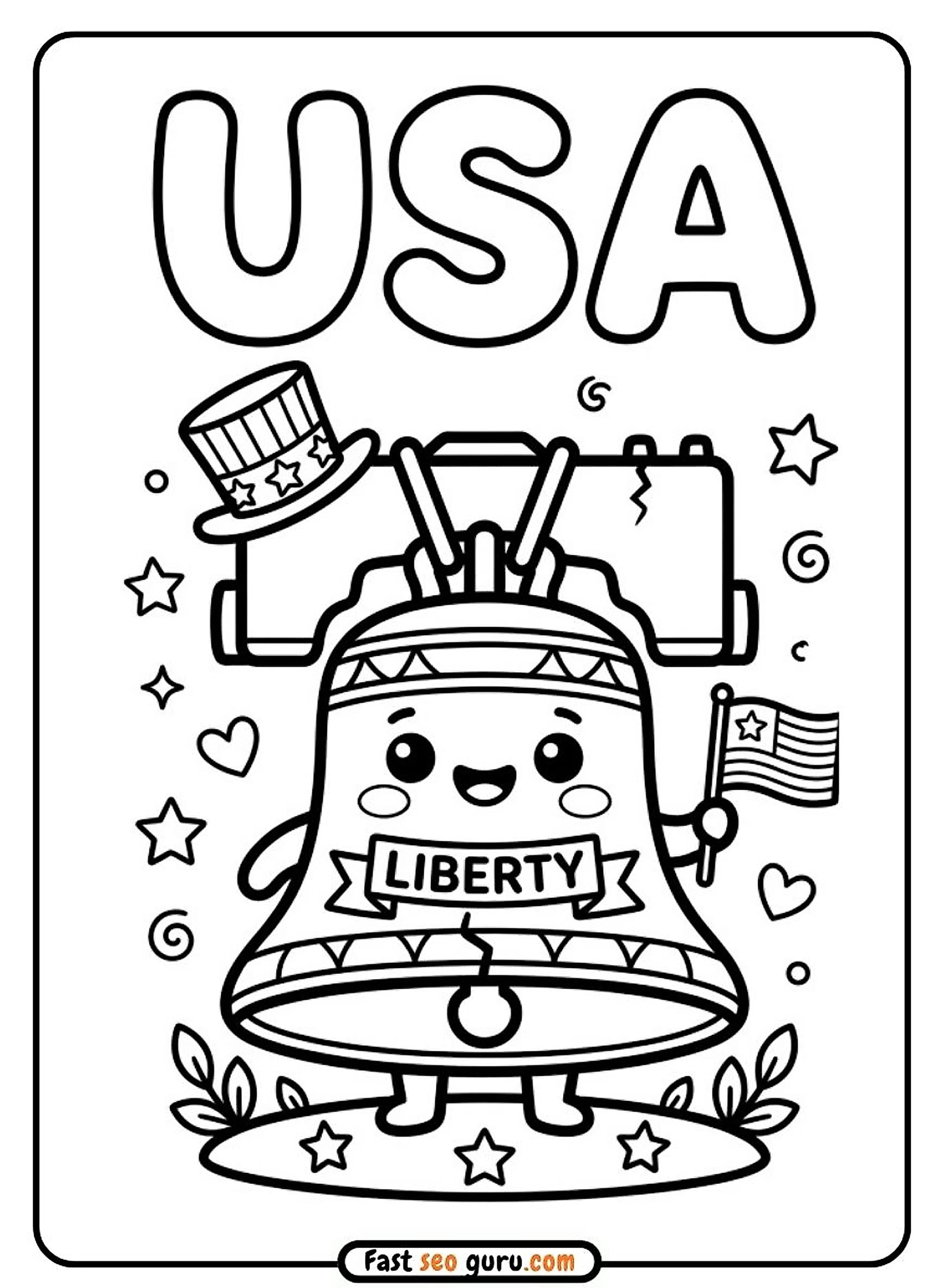 Kawaii Liberty Bell Usa Coloring Page – Free Printable For Kids