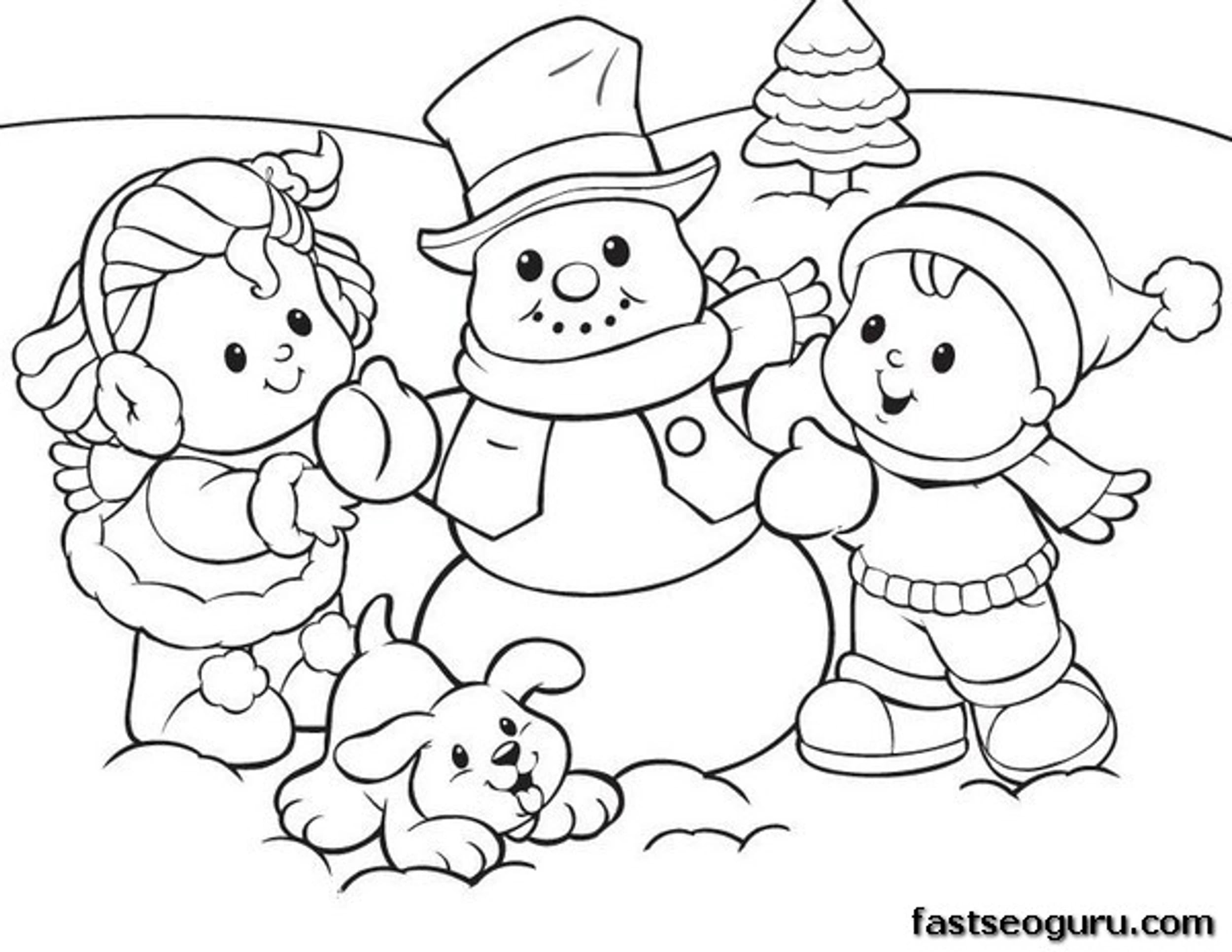 Printabel Coloring Sheet Of Christmas Kids And Snowman