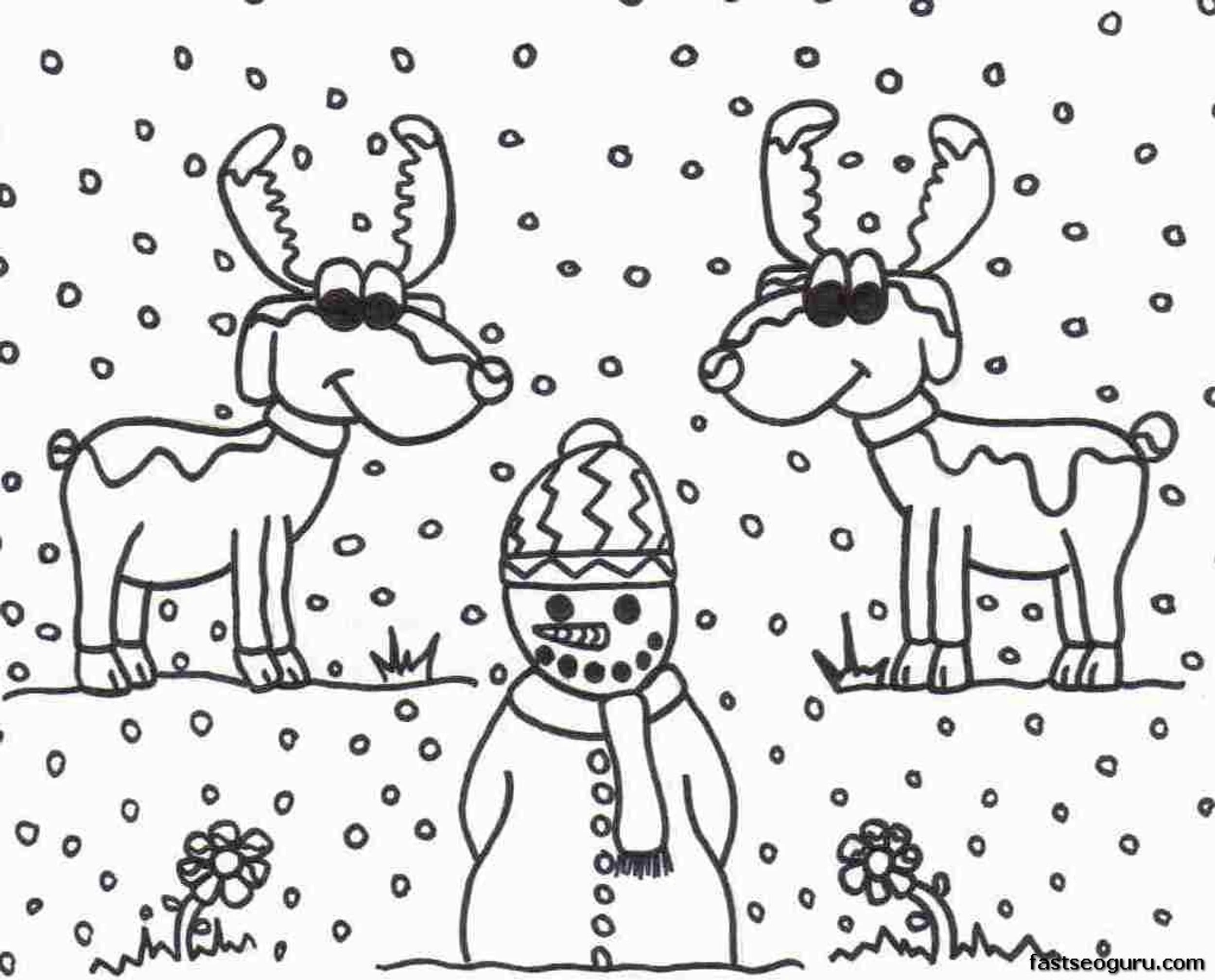 Printabel Coloring Sheet Of Christmas Reindeer And Snowman