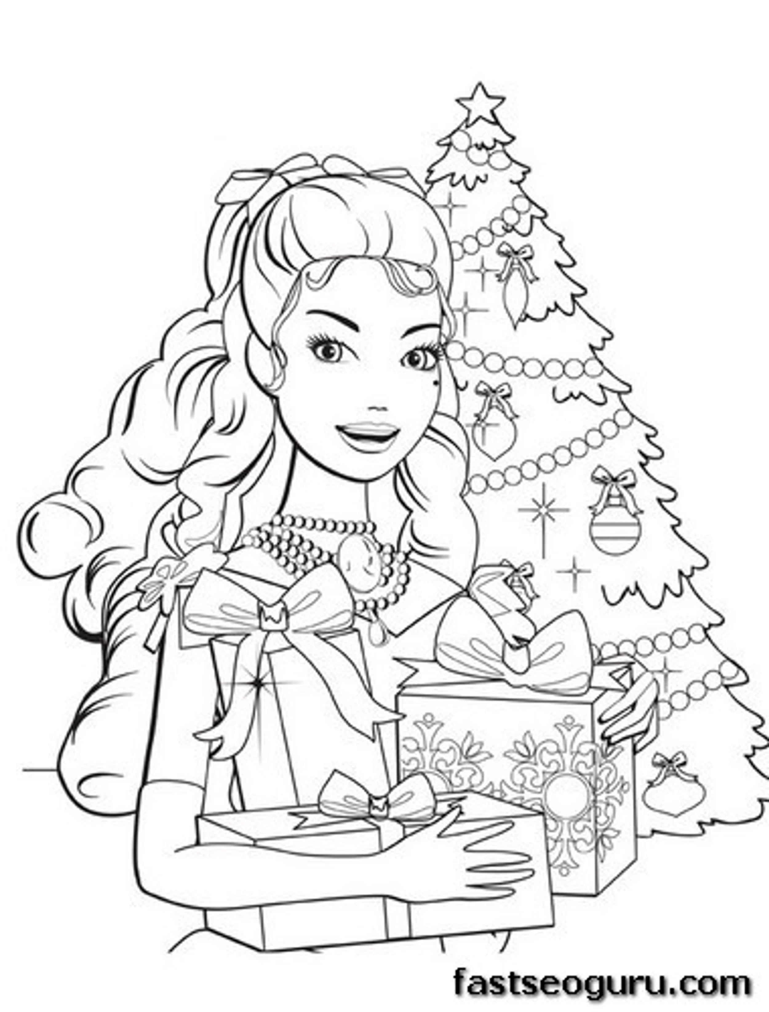 Printable Barbie Girl With Christmas Tree And Gifts Coloring Pages