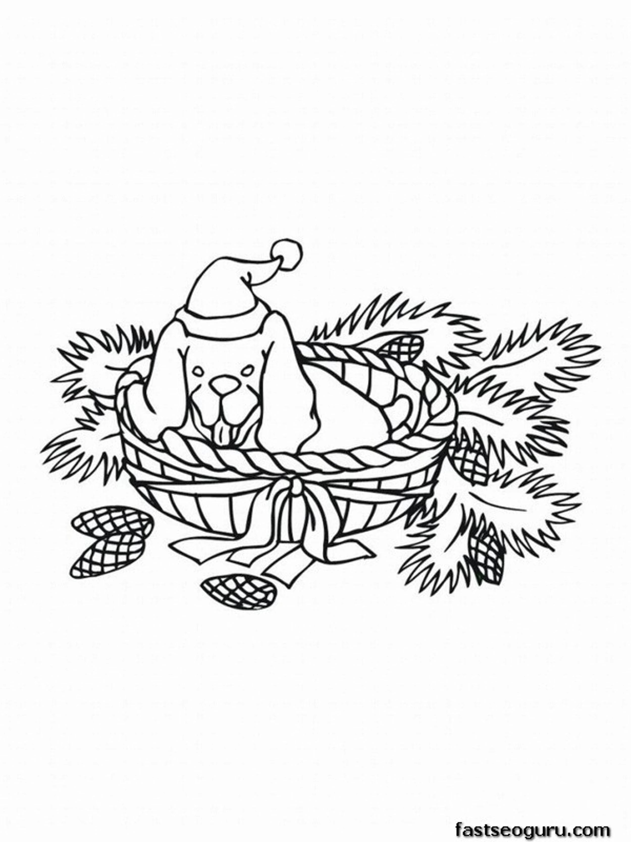 Printable Christmas Animal Puppy With Santa Hat Coloring Pages