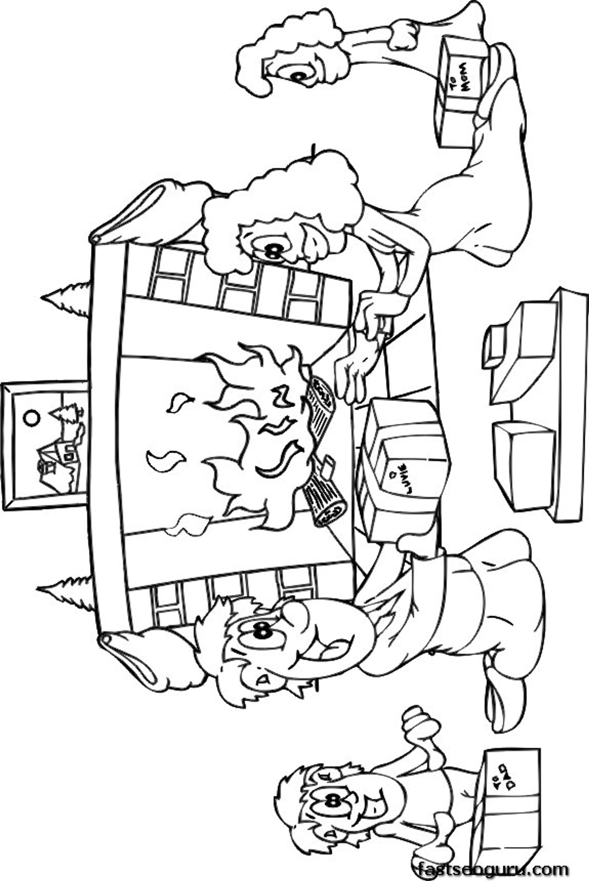 Printable Christmas Celebration Family In Front Of Hearth Exchanging Presents