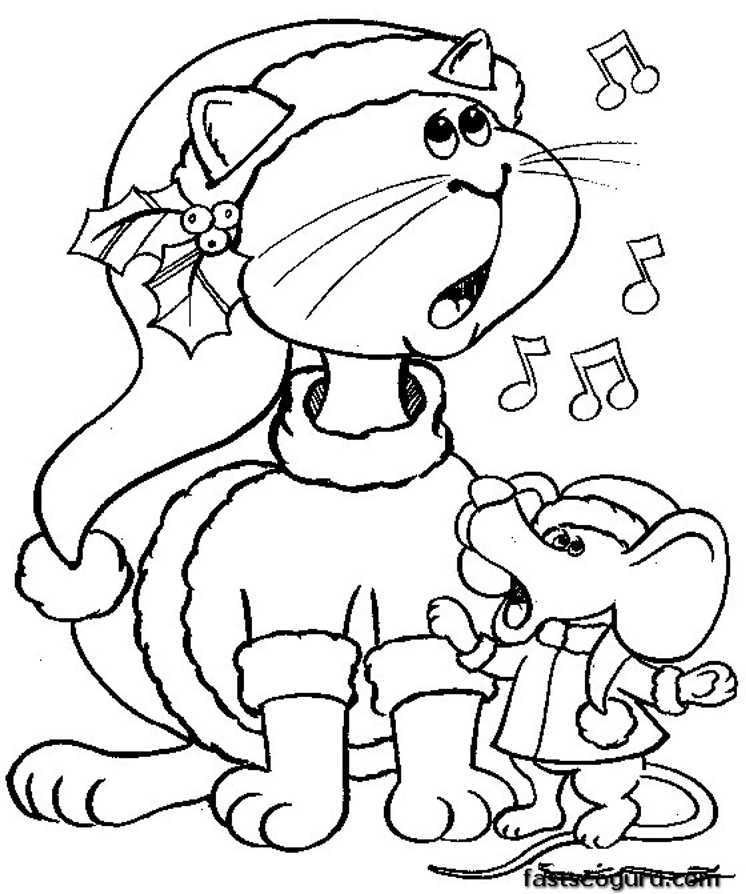 Printable Christmas Mouse And Cat Carollers Singing Coloring Pages