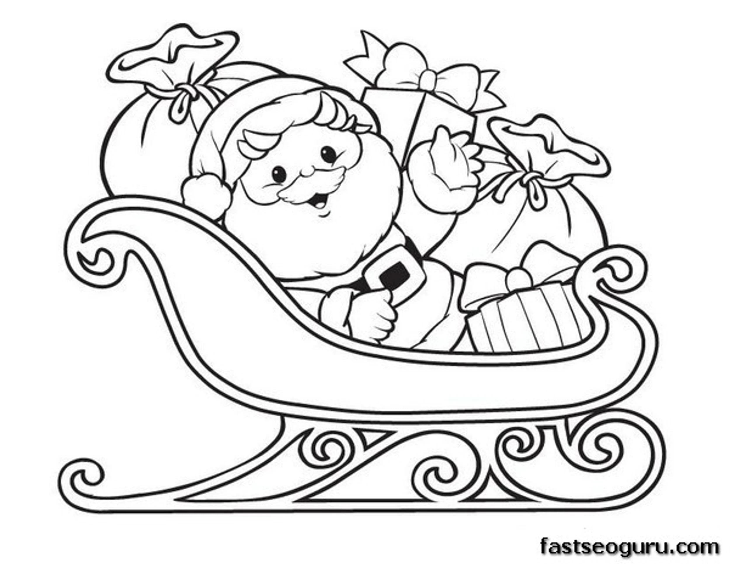 Printable Christmas Santa Claus With Sleigh And Gifts Coloring Pages