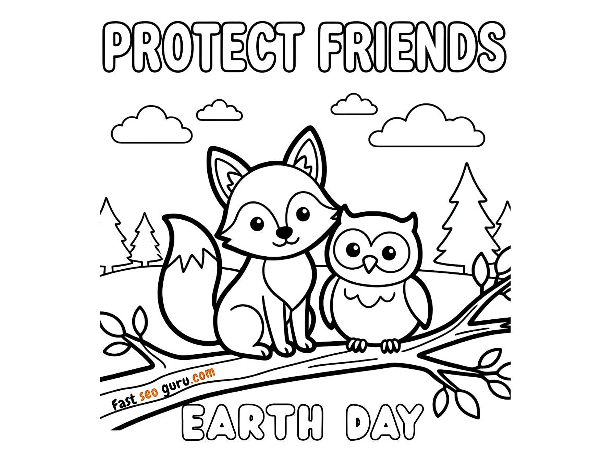Free printable coloring page Earth Day Fox and Owl Coloring Page Earth Day theme for kids and adults - easy to print and c...
