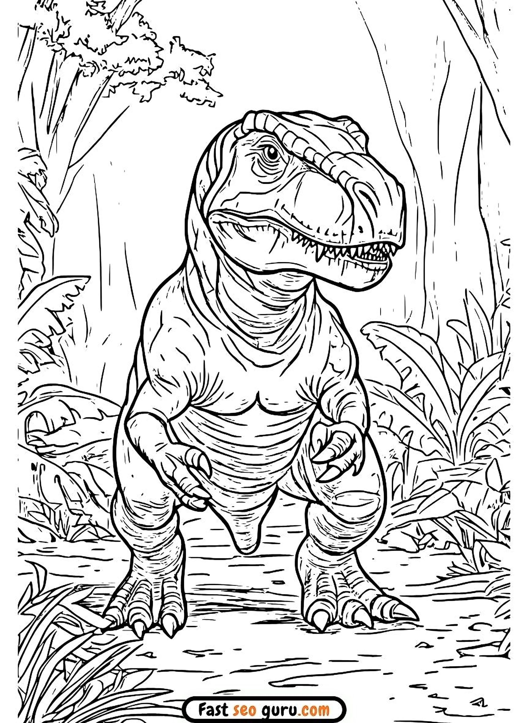 Realistic T Rex In Jungle Coloring Page – Free Printable For Kids And Adults