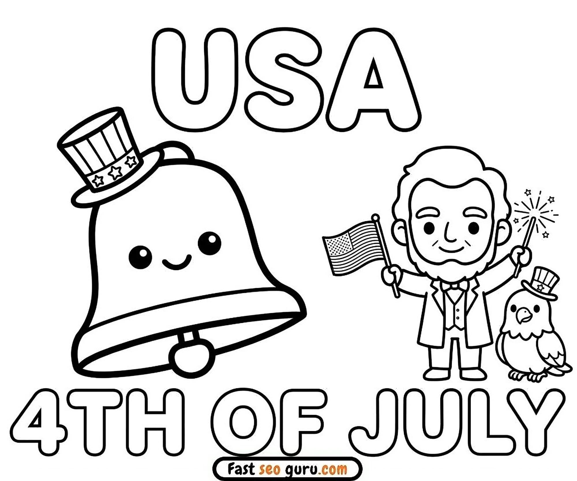 USA 4th of July Liberty Bell Kawaii Easy Coloring Page – Free Printable for Kids